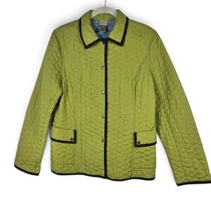 Sigrid Olsen Sport Jacket Womens Medium Quilted Lime Green Black Trim Snap Front